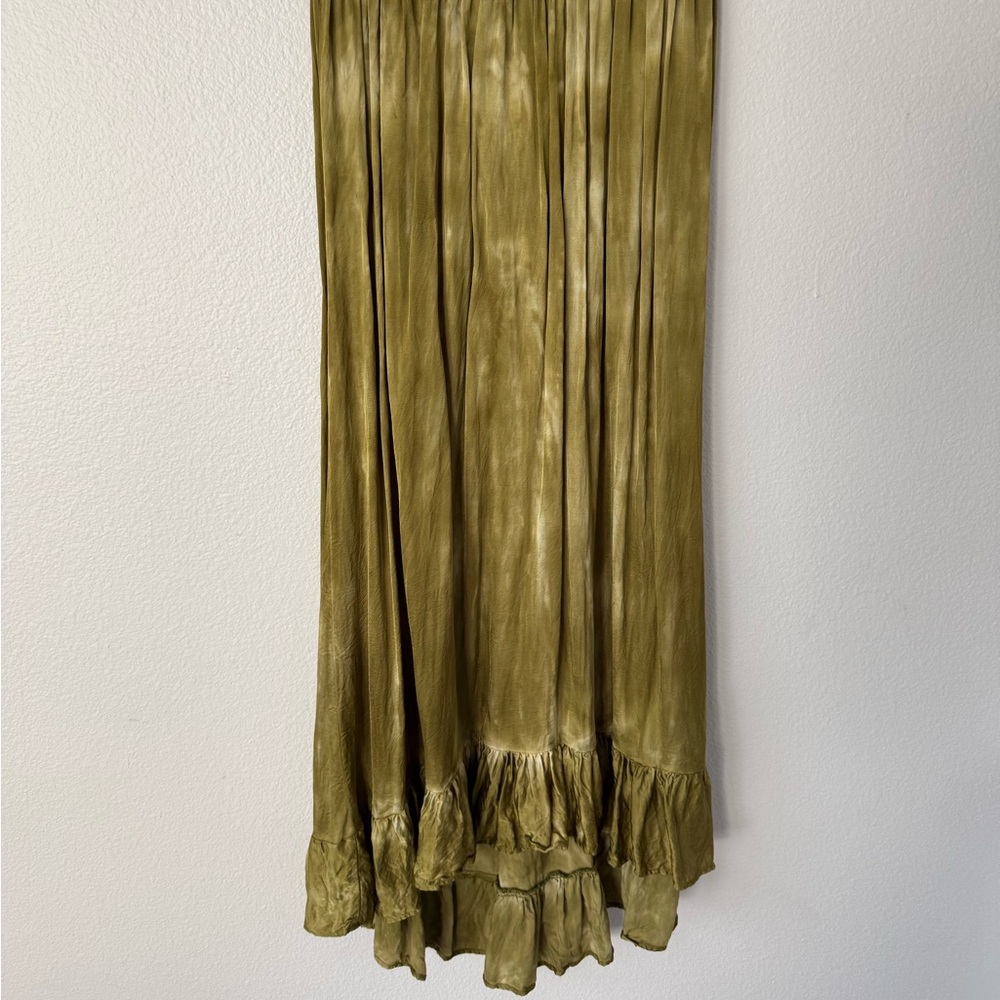 Satin Olive Ruffle-Hem Maxi Skirt